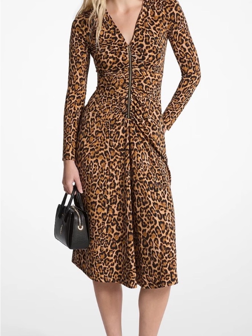 Michael Kors Leopard-Print Long-Sleeve Midi Dress in Tan and Black